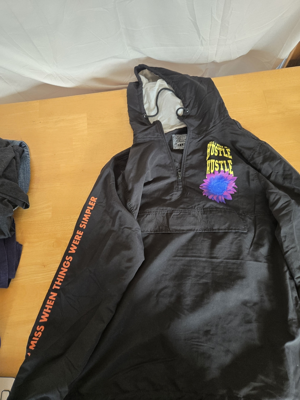 Brooklyn Cloth Black Hooded Pullover Anorak with Colorful Floral Graphic